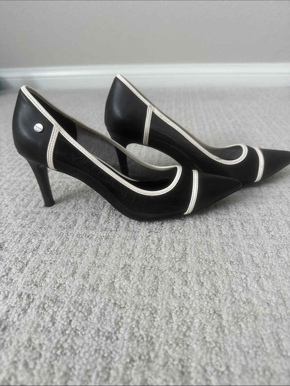 Calvin Klein Black Pumps with White Trim - Pointed Toe Heels - Picture 3 of 13
